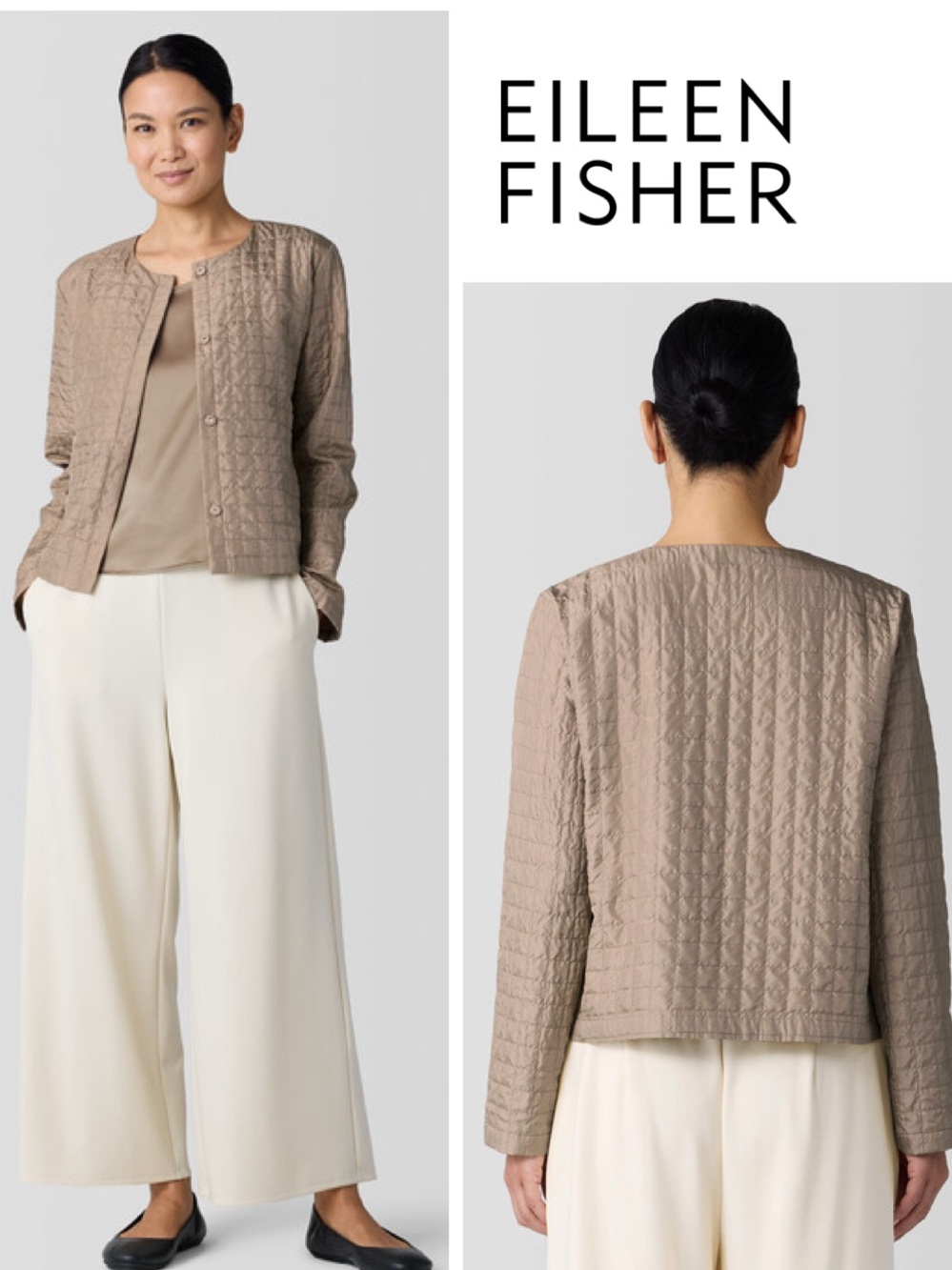 NWT EILEEN FISHER Habutai Taupe Quilted Crewneck Utility Jacket in Biscuit Beige